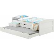 Lit gigogne jessy lit enfant fonctionnel avec tiroir-lit et rangement 3 tiroirs, couchage 90x190 cm, en pin massif lasuré blanc - Blanc