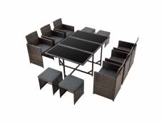 Salon de jardin design 10 places ensemble table 6 fauteuils 4 tabourets set de meubles extérieurs acier polyrotin polyester marron chiné avec coussins