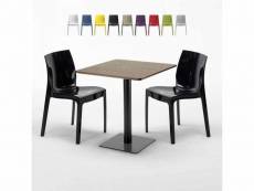 Table carrée 70x70 effet bois avec 2 chaises colorées ice melon