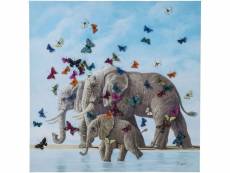 "tableau touched éléphants et papillons 120x120cm"