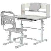 ZONEKIZ Bureau enfant avec chaise, hauteur réglable, étagère, tablette coulissante multi-rangement, gris blanc
