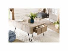 Laly - table basse rectangulaire 2 tiroirs branches bois teck naturel - pieds épingles scandi métal