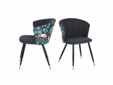 Lot de 2 chaises de salle à manger fauteuil avec dossier assise rembourrée en tissu imprimé stylisé flamant pieds en métal, bleu et or
