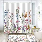 Lot de 4 rideaux de douche à fleurs avec tapis antidérapants, couvercle de couvercle de toilette et tapis de bain