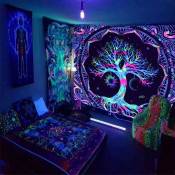 Motif Lune et Soleil Tenture Murales Arbre de vie Fluorescence Uv Tapisserie Psychédélique Mandala Arbre de vie Tapisserie, Decoration Chambre