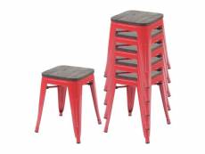 6x tabouret hwc-a73 avec assise en bois, métal tabouret siège, métal design industriel empilable ~ rouge