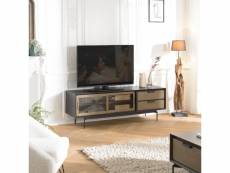 Alma - meuble tv marron/noir 2 portes coulissantes en verre fumé pieds métal noir