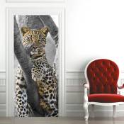 Autocollant de porte effet 3D de cheminée léopard (77x200cm), autocollant mural intérieur en pvc pour décoration murale salon cuisine chambre salle