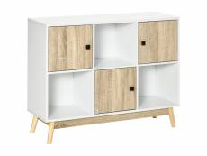 Bibliothèque meuble de rangement design scandinave 3 niches 3 portes panneaux particules blanc aspect chêne clair