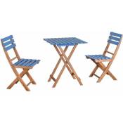 Ensemble bistro de jardin 3 pièces pliantes style colonial 2 chaises + table bois pin pré-huilé peint bleu - Bleu