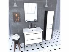 Ensemble de salle de bain 80 cm blanc finition noir + vasque blanche+ miroir + colonne de rangement