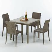 Grand Soleil - Table carrée beige + 4 chaises colorées Poly rotin synthétique Elegance Chaises Modèle: Bistrot Marron Moka