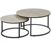 HOMCOM Lot de 2 tables basses rondes gigogne empilables plateau MDF gris et pieds en métal noir
