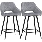 HOMCOM Lot de 2 tabourets de bar chaises hautes effet velours et acier noir avec repose-pieds accoudoirs hauteur 67 cm gris