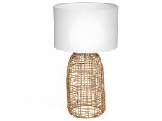 Lampe à poser en rotin coloris naturel et polyester blanc - diamètre 32 x hauteur 55 cm