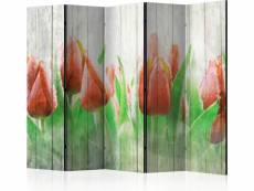 Paravent tulipes rouges sur bois 5 volets A1-PARAVENTtc0512