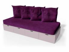 Banquette cube 200 cm + futon + coussins violet pastel