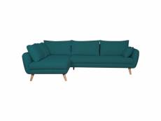 Canapé d'angle gauche scandinave 5 places en tissu bleu paon et bois clair creep