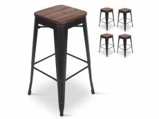 Kosmi - lot de 4 tabourets de bar en métal noir mat et assise en bois foncé, tabouret métal et bois haut hauteur 76cm parfait pour table de 100 cm et