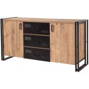 Les Tendances - Buffet 2 portes 3 tiroirs style industriel bois chêne clair et métal noir Dukita 160cm
