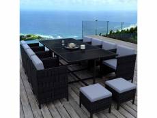 Munga 12 places - ensemble encastrable salon - table de jardin résine tressée-noir-gris