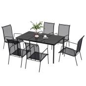 Outsunny Ensemble de jardin 6 pers. 6 chaises empilables table plateau verre trempé 5 mm métal époxy gris textilène noir