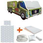 Pack complet Lit camion modèle militaire vert Lit +sommier+Matelas & Parure+ Couette+ Oreiller - 70 x140 cm