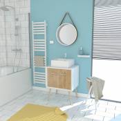 Aurlane - meuble salle de bain scandinave blanc et bois 60 cm sur pieds , vasque a poser et miroir rond