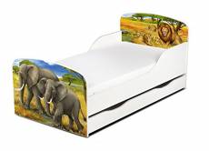 Leomark Moderne Lit d'enfant Toddler avec Matelas et Un Tiroir Couleur Blanc Motif: Éléphants et Lions, Safari Meubles pour Enfants Confortable Foncti