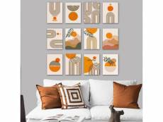 Lot de 12 tableaux abstrait aranea l20xh15cm motif boho vert, beige et orange