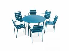 Ensemble table de jardin ronde et 6 fauteuils acier bleu pacific - palavas