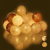 Guirlande Lumineuse led, 20 Boules de Coton, Fonction à Piles, Lumières d'Ambiance, Sphères Ø6 cm, Blanc Gris Marron - Relaxdays