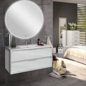 Meuble de salle de bain simple vasque - 2 tiroirs - iris et miroir rond Led solen - 80cm - Hibernian (bois blanchi)