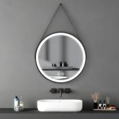 Miroir de salle de bain Rond 50cm miroir Muraux Gradable, led Rond Miroir Mural 3 couleurs Lumières avec Bracelet en simili-cuir noir - Meykoers