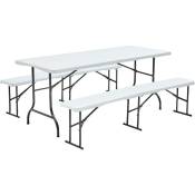 Oviala - Table pliante 180 cm et 2 bancs pliables - Blanc