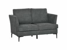 Canapé 2 places style contemporain accoudoirs courbés piètement effilé acier noir tissu aspect lin gris