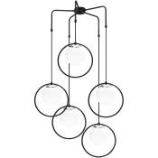 Cotecosy - Suspension 5 lampes globes cerclés haut saccade Bioxy Verre Blanc et Métal Noir - Noir