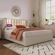 Dolinhome - Lit double rembourré avec liseuse, tête de lit rechargeable, lin, 160x200cm, couleur naturelle (avec matelas)