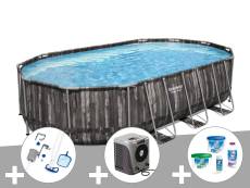 Kit piscine tubulaire ovale Bestway Power Steel décor bois 6,10 x 3,66 x 1,22 m + Kit de traitement au chlore + Kit d'entretien Deluxe + Pompe à chale