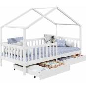 Lit cabane elea lit enfant simple montessori 90 x 200 cm, avec 2 tiroirs de rangement, en pin massif lasuré blanc - Blanc
