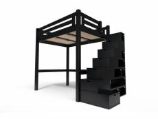 Lit mezzanine adulte bois + escalier cube hauteur réglable alpage 140x200 noir ALPAG140CUB-N