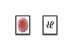 Lot de 2 tableaux encadrés en noir l30xh40cm motif succulente rose, « love » noir, blanc et rose