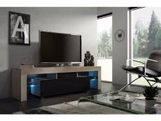 Meuble tv 160 cm chêne mdf et noir laqué avec led