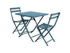 Salon de jardin carré en métal Greensboro 70 x 70 cm Bleu Canard avec 2 chaises - Hespéride