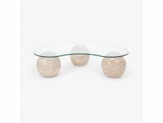 Table basse design lemoga l130cm bois clair et verre effet marbre blanc