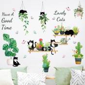 Un lot de Stickers Muraux chats mignons plantes en pot Autocollant Décoratif, Décoration murale pour Chambre Salle de Bain salon bureau