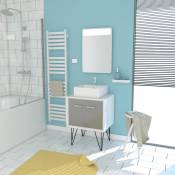 Aurlane - meuble salle de bain scandinave blanc et gris 60 cm sur pieds - portes vasque a poser + miroir led