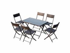Ensemble salon de jardin 6 personnes grande table rectangulaire pliable + 6 chaises pliantes métal résine tressée pc chocolat