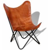 Fauteuil chaise siège lounge design club sofa salon papillon cuir véritable marron - Marron