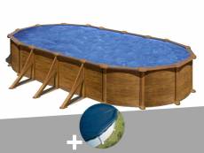Kit piscine acier aspect bois gré mauritius ovale 7,44 x 3,99 x 1,32 m + bâche hiver